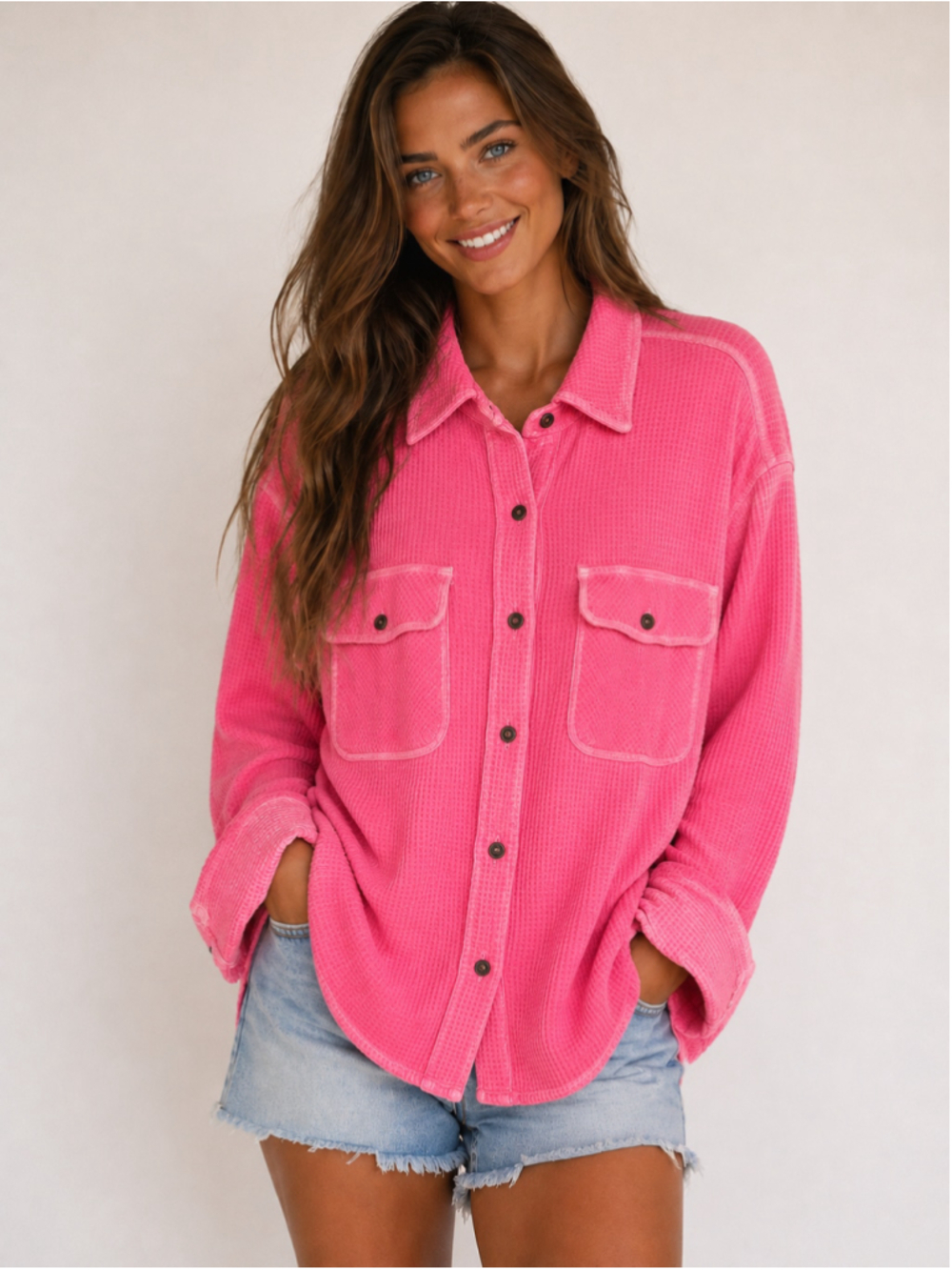 Aerie Bright Pink Waffle Knit Oversized Button Up Shacket Lounge
